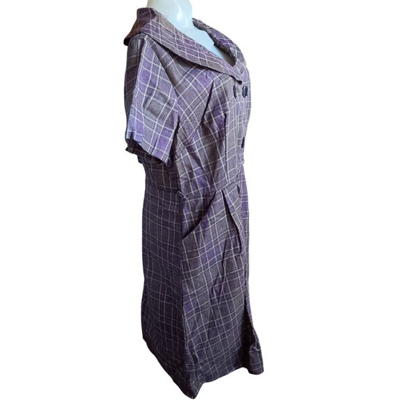 Vintage 14 Dress 1950's Plaid Double-Breasted Handmade 1of1 MCM Purple/Gold - Picture 4 of 7